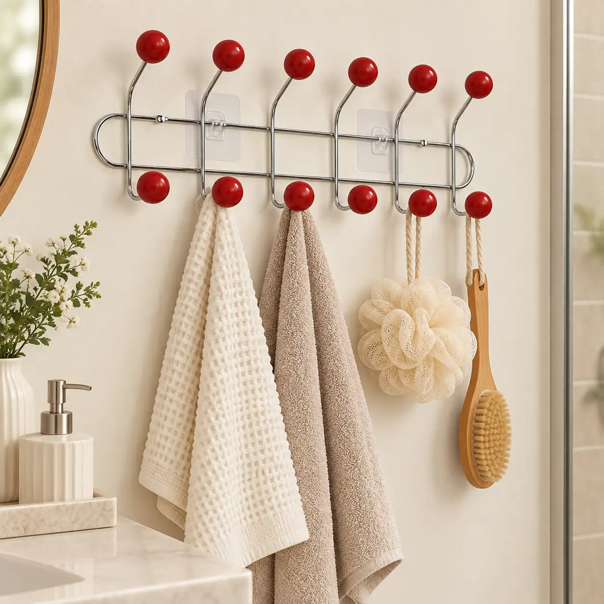 Crochet mural adhésif rouge L - 49 cm : installé dans une salle de bain claire
