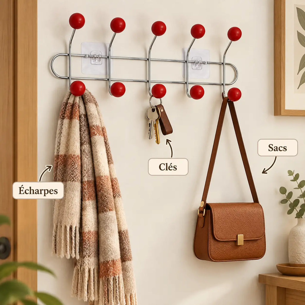 Crochet mural adhésif rouge M - 41 cm : avec clés, écharpe et accessoires suspendus