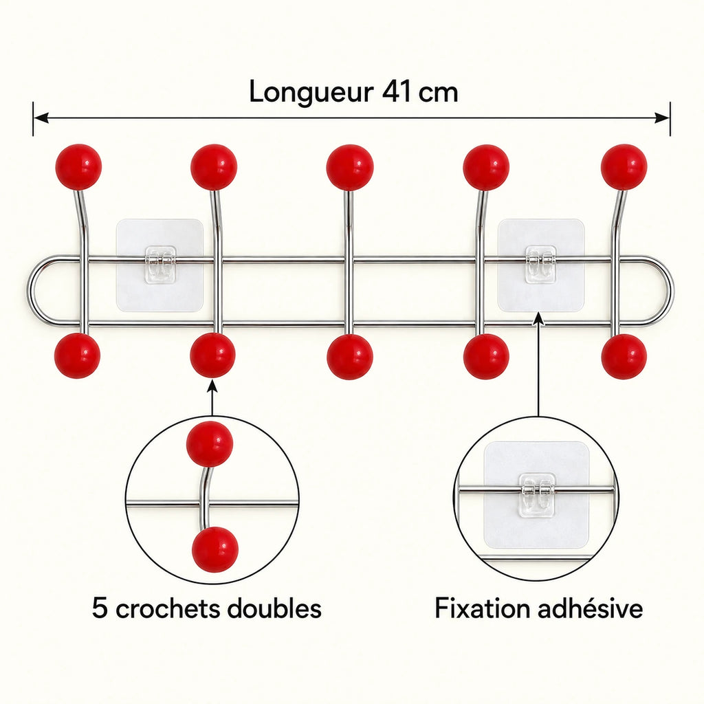 Crochet mural adhésif rouge M - 41 cm : infographie des dimensions et du nombre de crochets