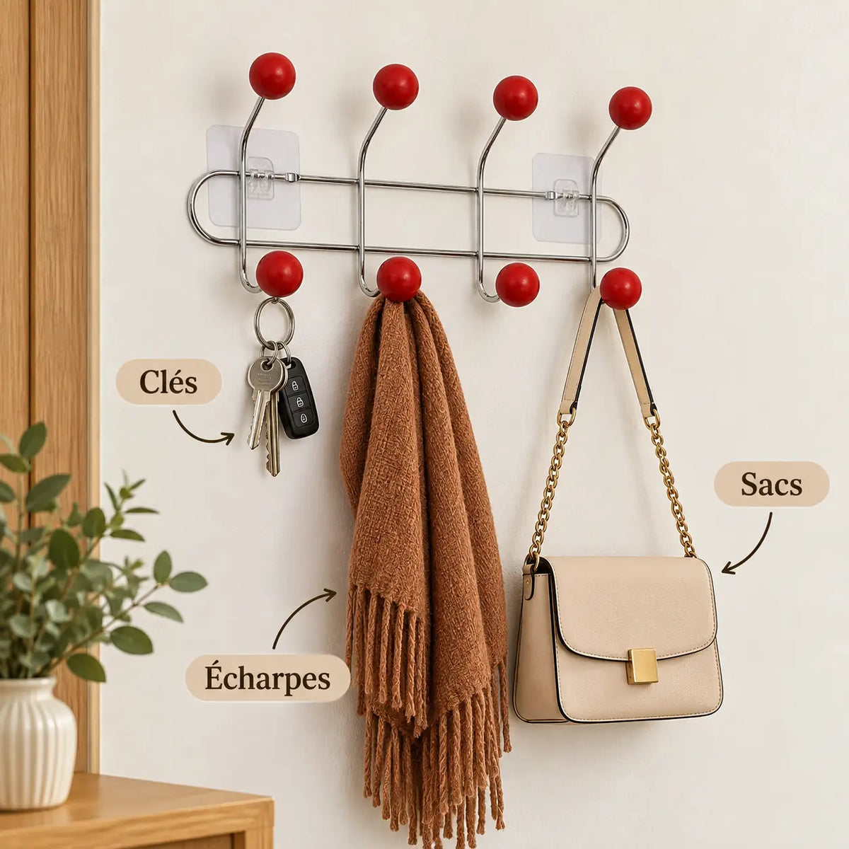 Crochet mural adhésif rouge S - 33 cm : avec clés, écharpe et accessoires suspendus