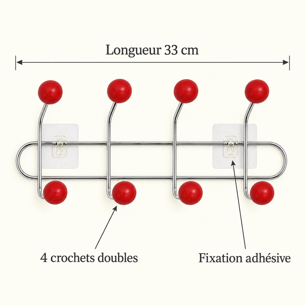 Crochet mural adhésif rouge S - 33 cm : infographie des dimensions et du nombre de crochets