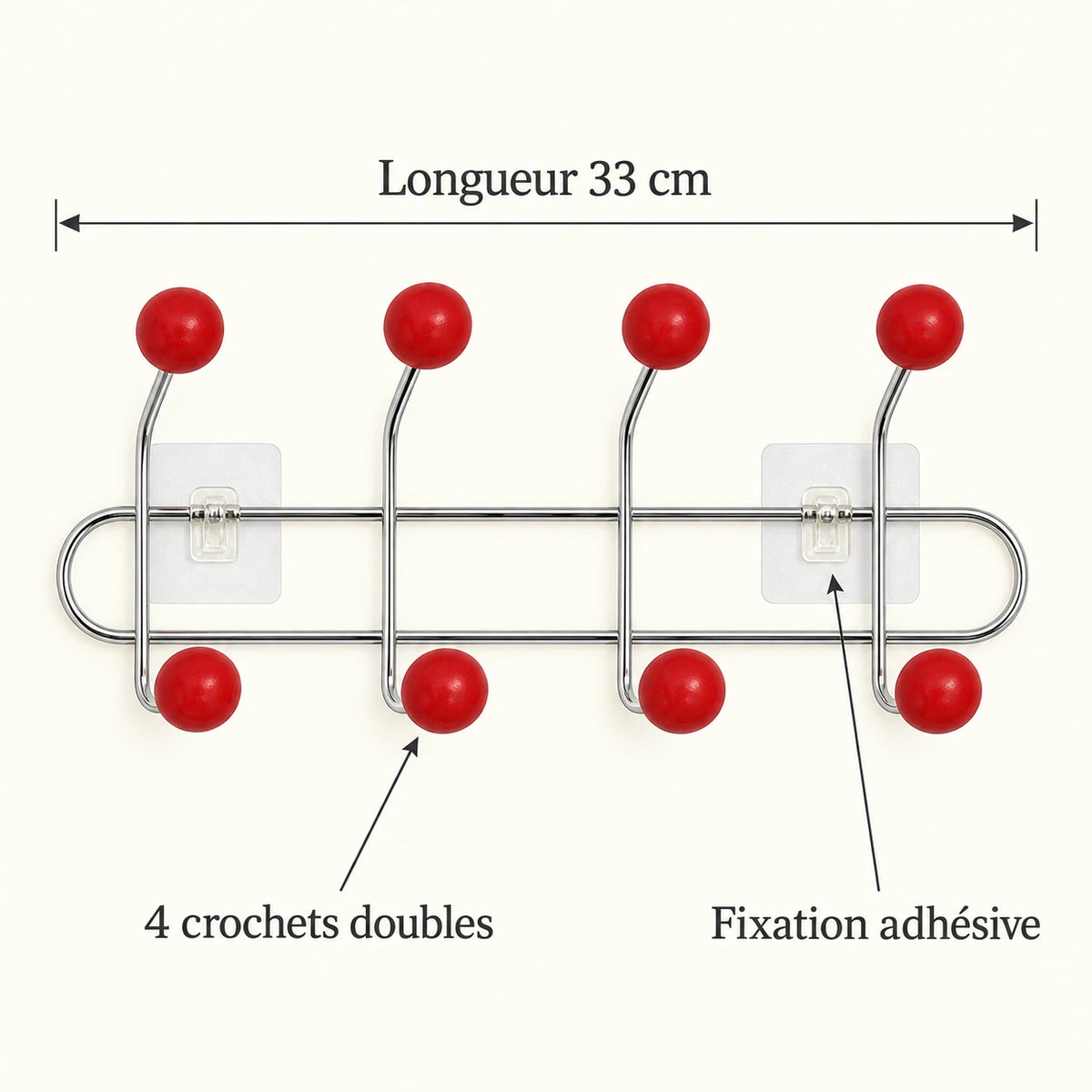 Crochet mural adhésif rouge S - 33 cm : infographie des dimensions et du nombre de crochets