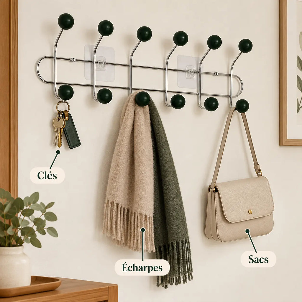 Crochet mural adhésif vert foncé L - 49 cm : avec clés, écharpe et accessoires suspendus