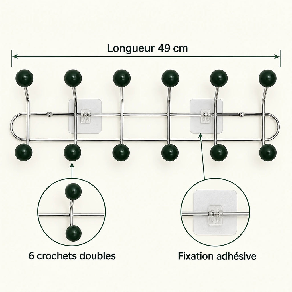 Crochet mural adhésif vert foncé L - 49 cm : infographie des dimensions et du nombre de crochets