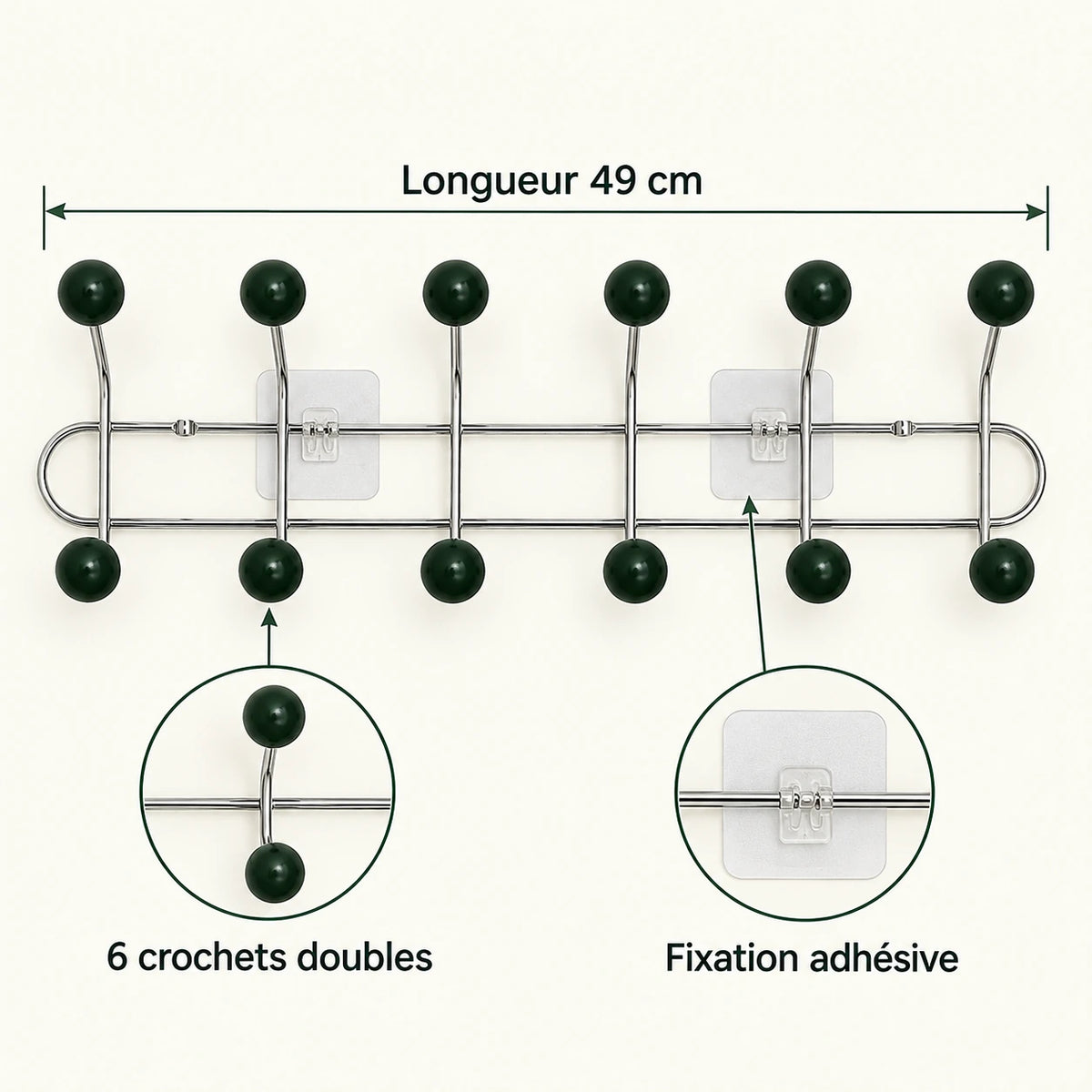 Crochet mural adhésif vert foncé L - 49 cm : infographie des dimensions et du nombre de crochets