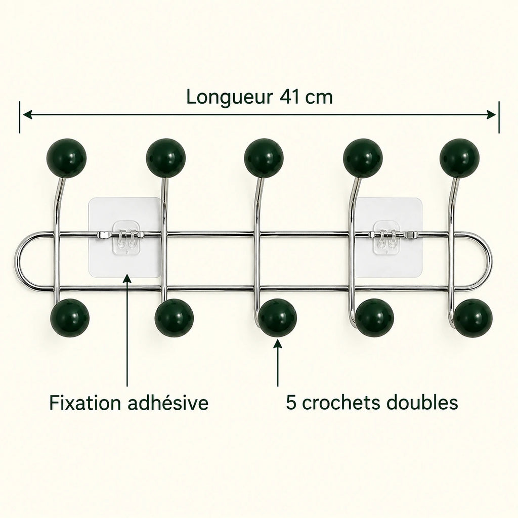 Crochet mural adhésif vert foncé M - 41 cm : infographie des dimensions et du nombre de crochets