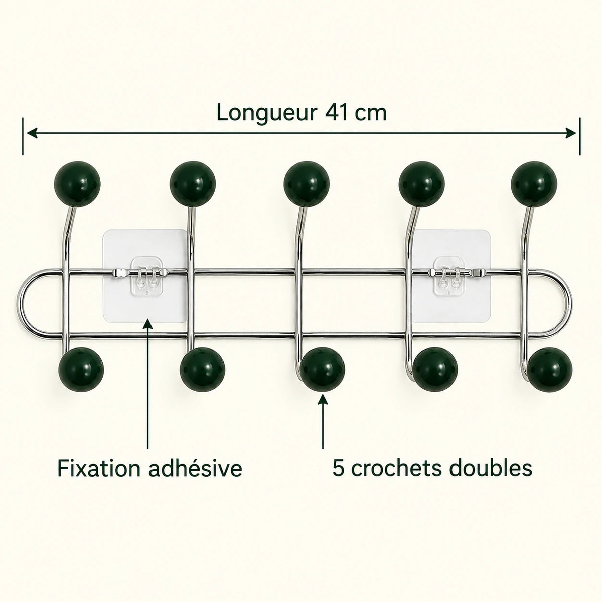 Crochet mural adhésif vert foncé M - 41 cm : infographie des dimensions et du nombre de crochets