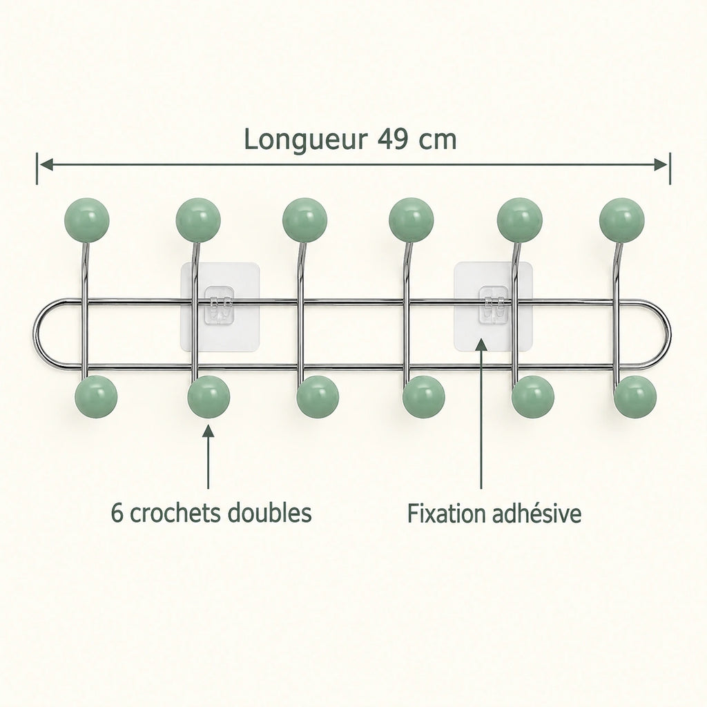 Crochet mural adhésif vert menthe L - 49 cm : infographie des dimensions et du nombre de crochets