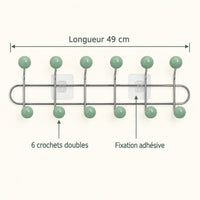 Crochet mural adhésif vert menthe L - 49 cm : infographie des dimensions et du nombre de crochets