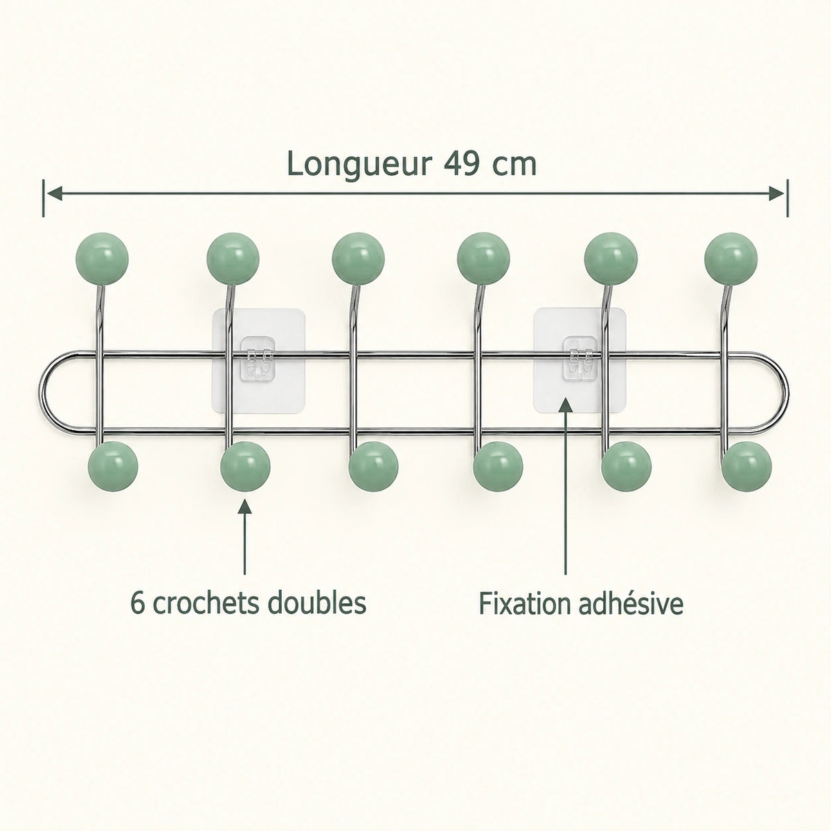 Crochet mural adhésif vert menthe L - 49 cm : infographie des dimensions et du nombre de crochets