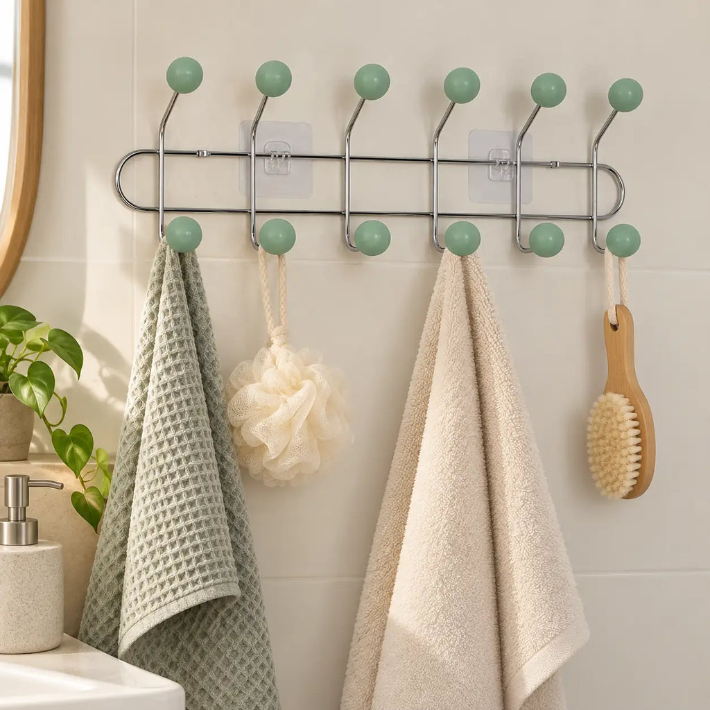 Crochet mural adhésif vert menthe L - 49 cm : installé dans une salle de bain claire