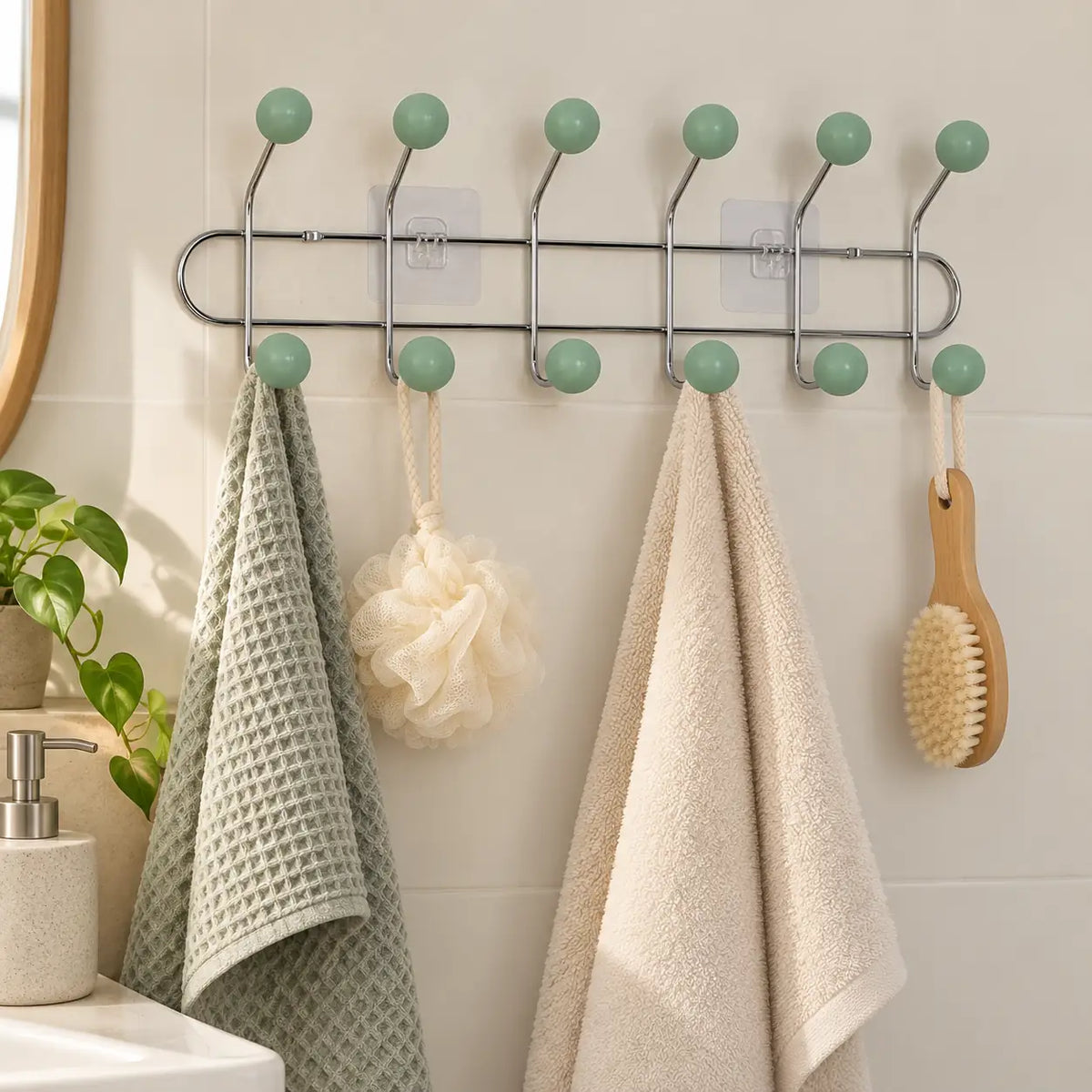 Crochet mural adhésif vert menthe L - 49 cm : installé dans une salle de bain claire