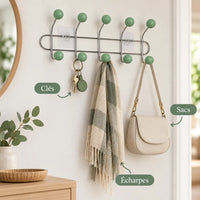 Crochet mural adhésif vert menthe M - 41 cm : avec clés, écharpe et accessoires suspendus