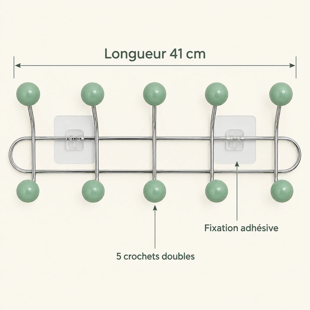 Crochet mural adhésif vert menthe M - 41 cm : infographie des dimensions et du nombre de crochets