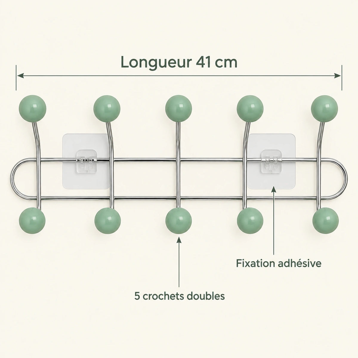 Crochet mural adhésif vert menthe M - 41 cm : infographie des dimensions et du nombre de crochets