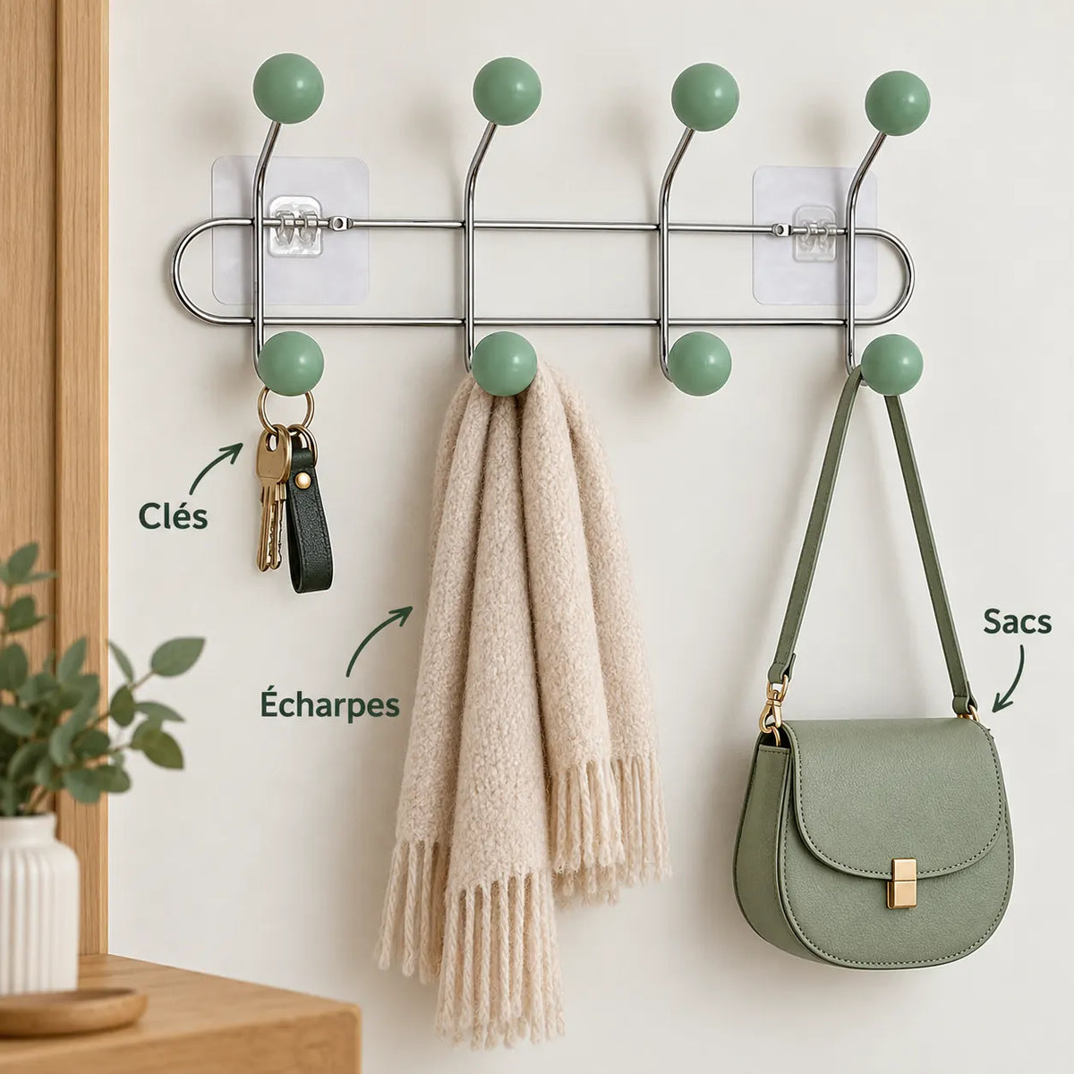 Crochet mural adhésif vert menthe S - 33 cm : avec clés, écharpe et accessoires suspendus