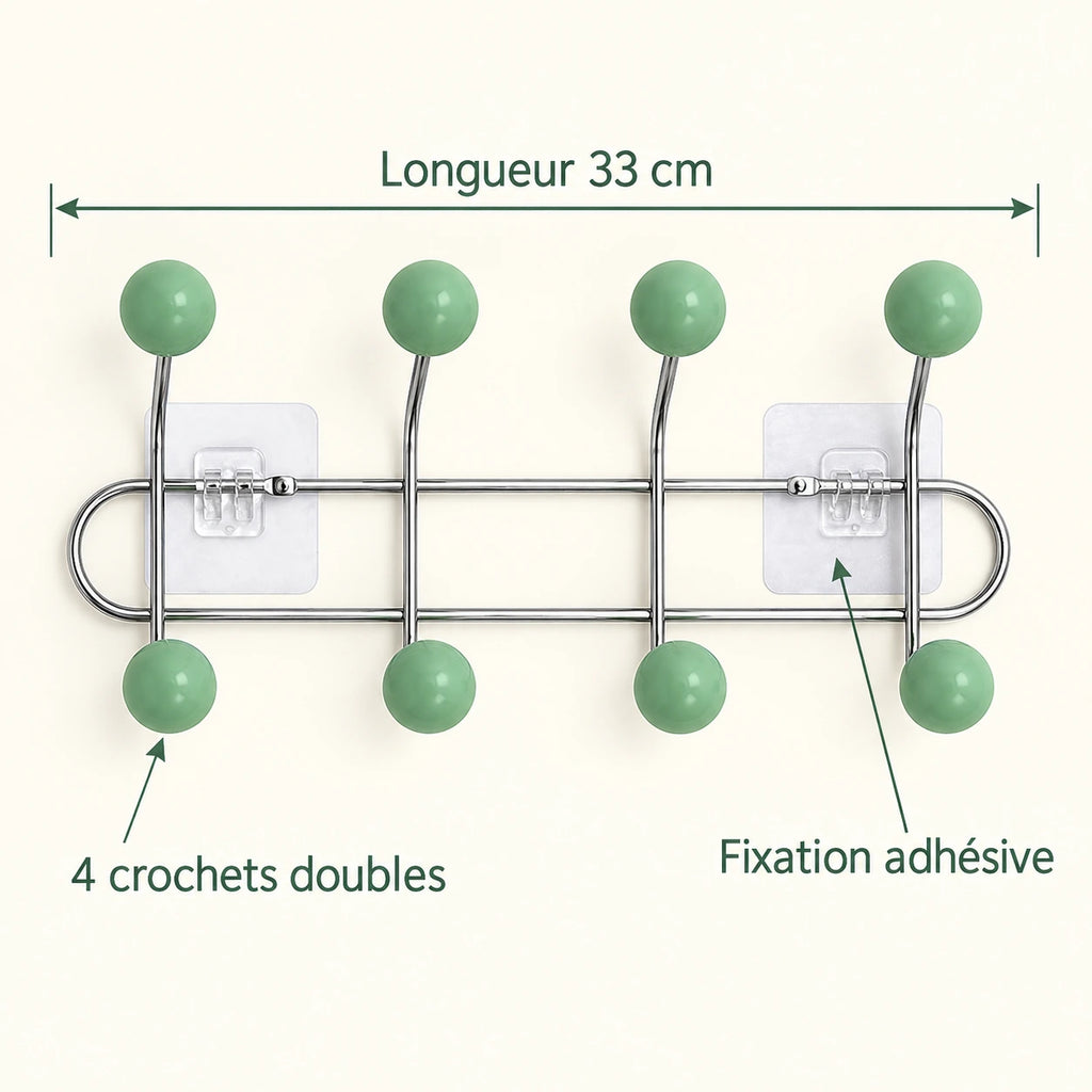 Crochet mural adhésif vert menthe S - 33 cm : infographie des dimensions et du nombre de crochets