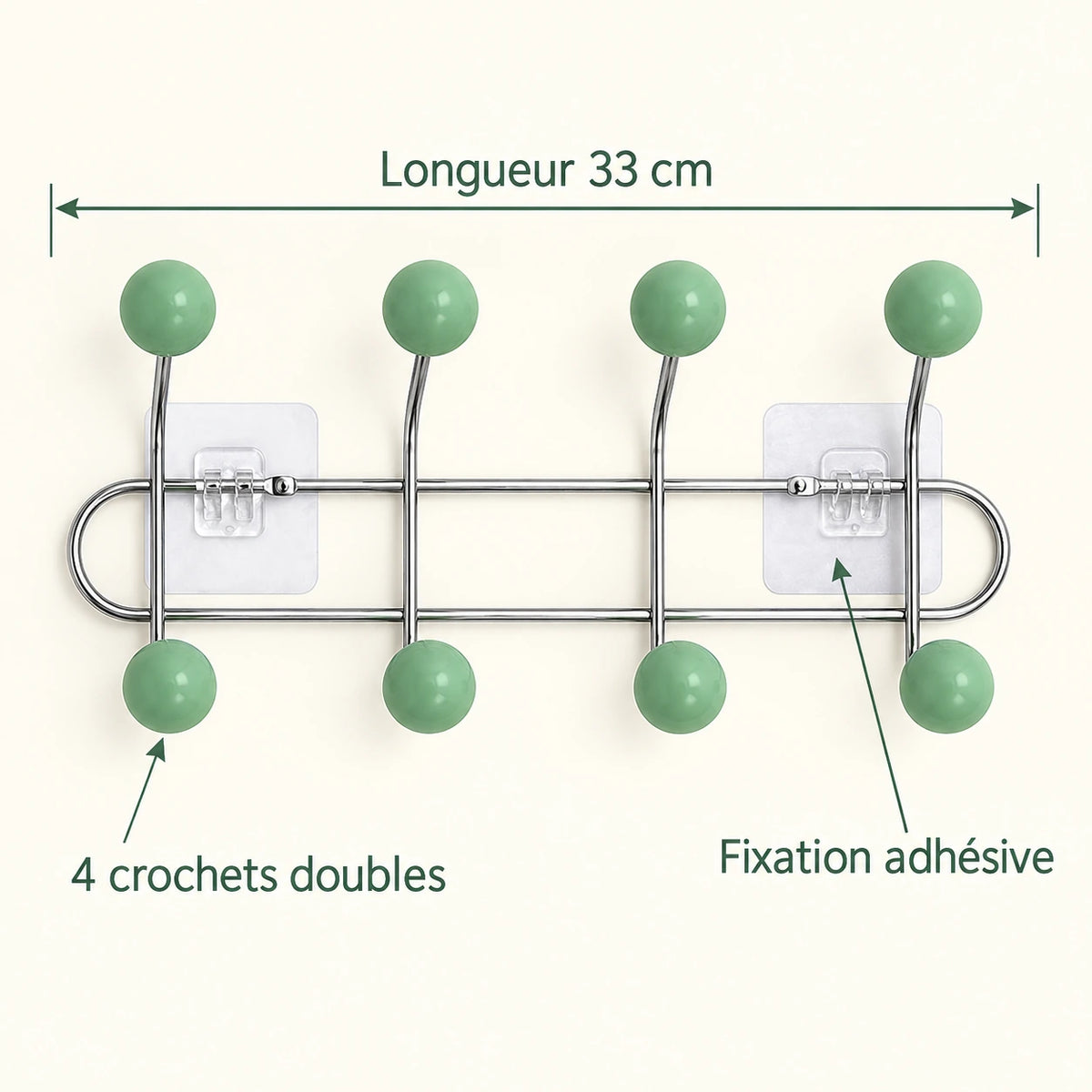 Crochet mural adhésif vert menthe S - 33 cm : infographie des dimensions et du nombre de crochets