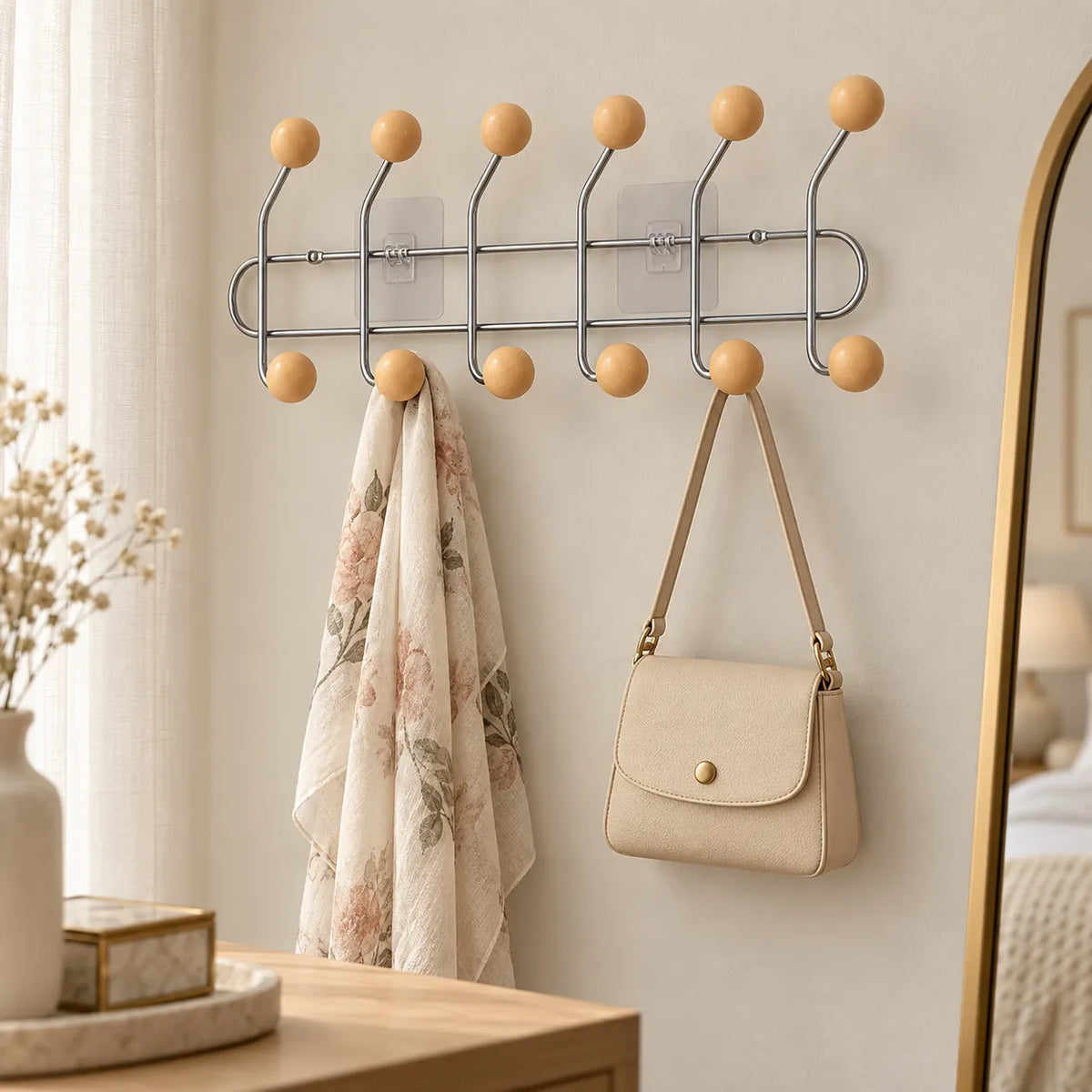 Crochet mural adhésif abricot L - 49 cm — dans une chambre avec accessoires suspendus