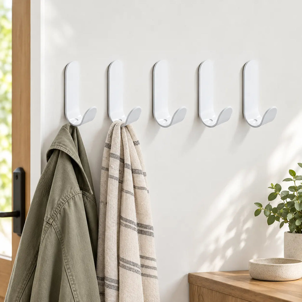 Crochet mural sans perçage blanc, lot de 5 — avec une veste et une écharpe suspendues