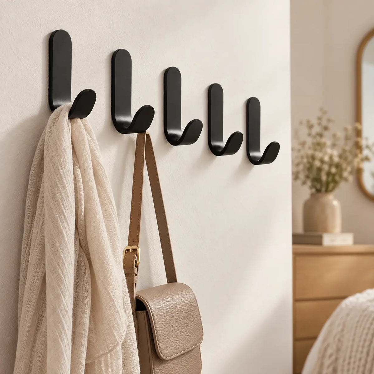Crochet mural sans perçage noir, lot de 5 — dans une chambre avec accessoires suspendus