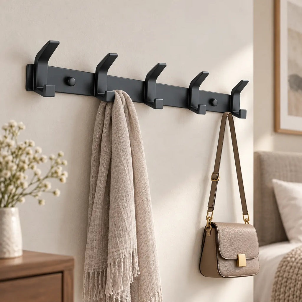 Crochet mural noir aluminium 5 crochets — dans une chambre avec accessoires suspendus