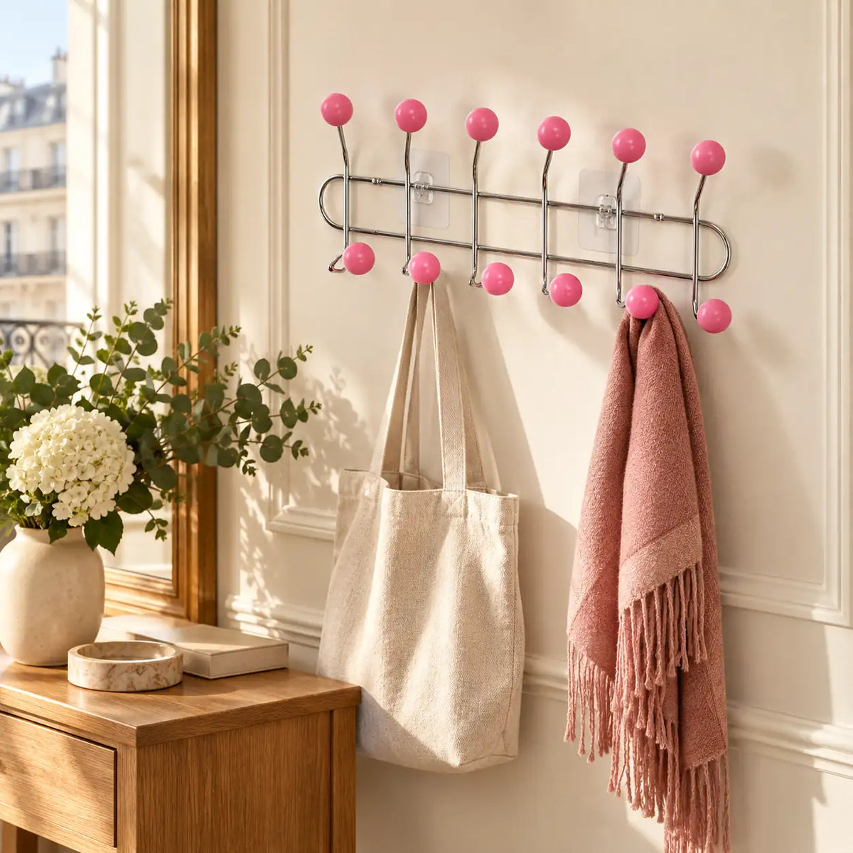 Crochet mural adhésif rose L - 49 cm — dans une entrée aménagée