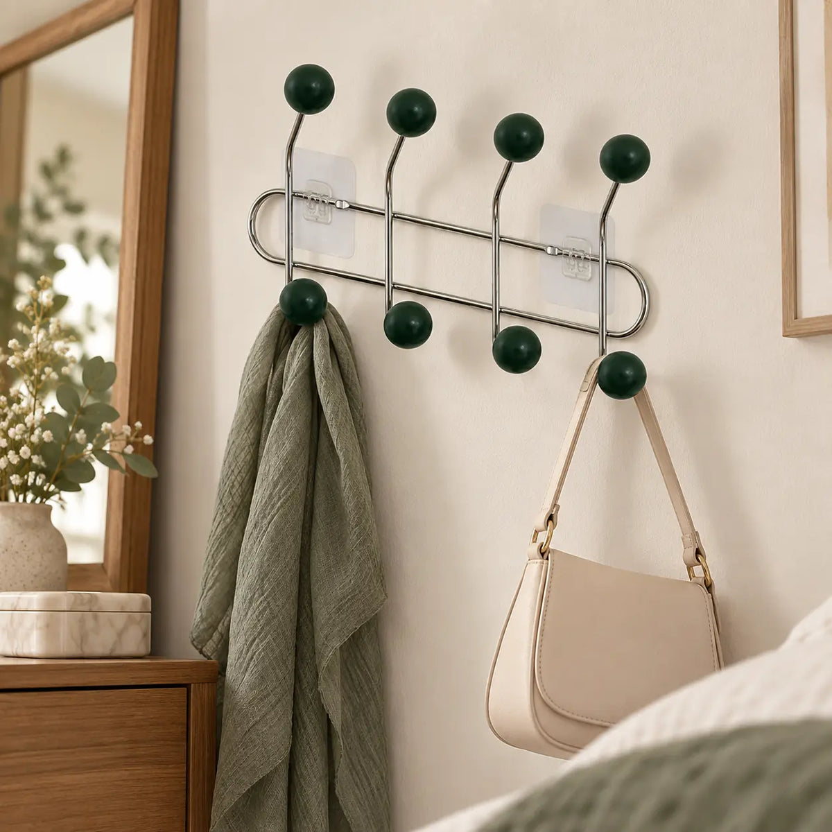 Crochet mural adhésif vert foncé S - 33 cm — dans une chambre avec accessoires suspendus