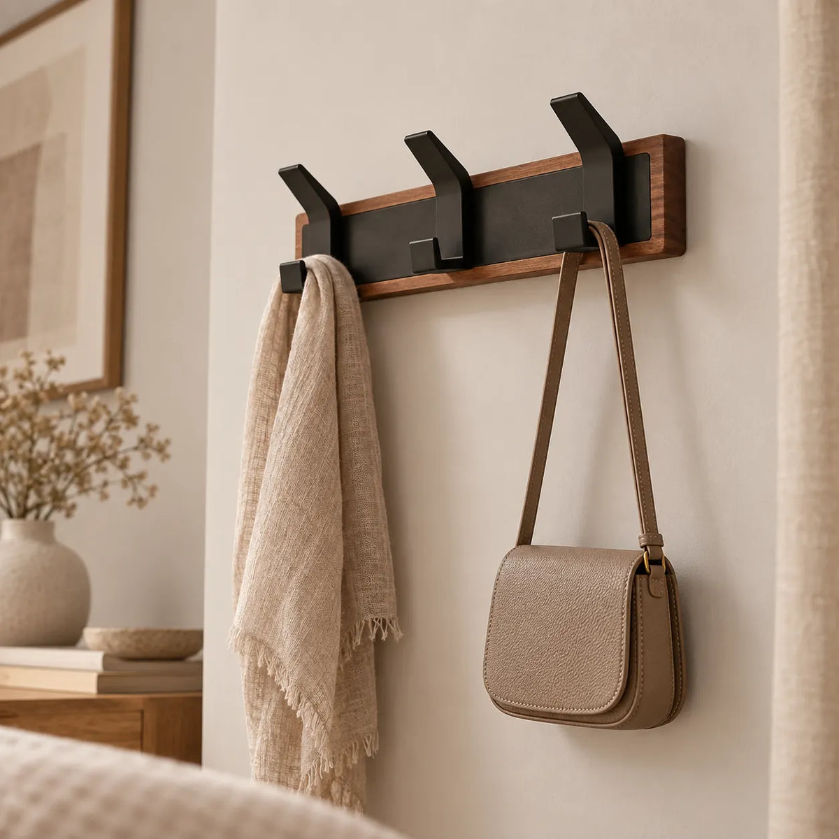 Porte-manteau vintage bois noir 3 crochets — dans une chambre avec accessoires suspendus