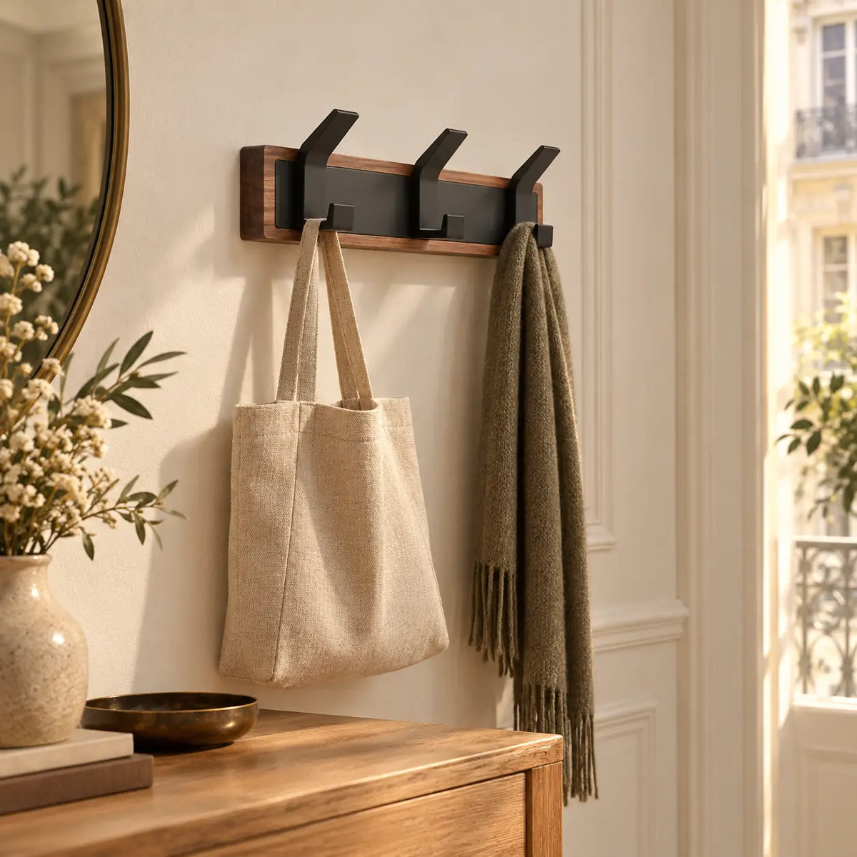 Porte-manteau vintage bois noir 3 crochets — dans une entrée aménagée