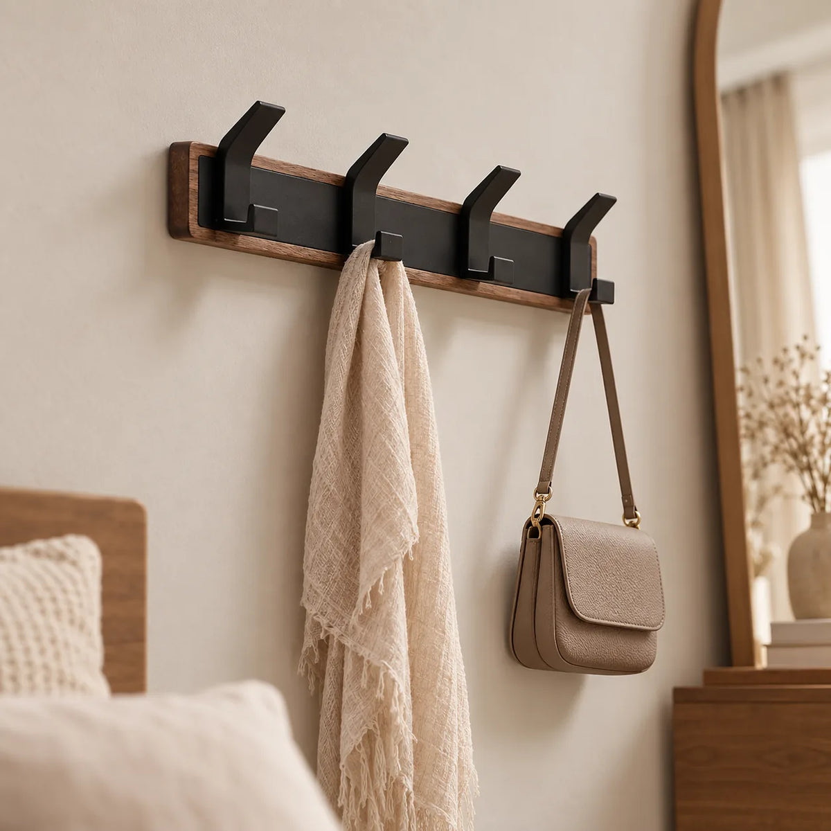 Porte-manteau vintage bois noir 4 crochets — dans une chambre avec accessoires suspendus