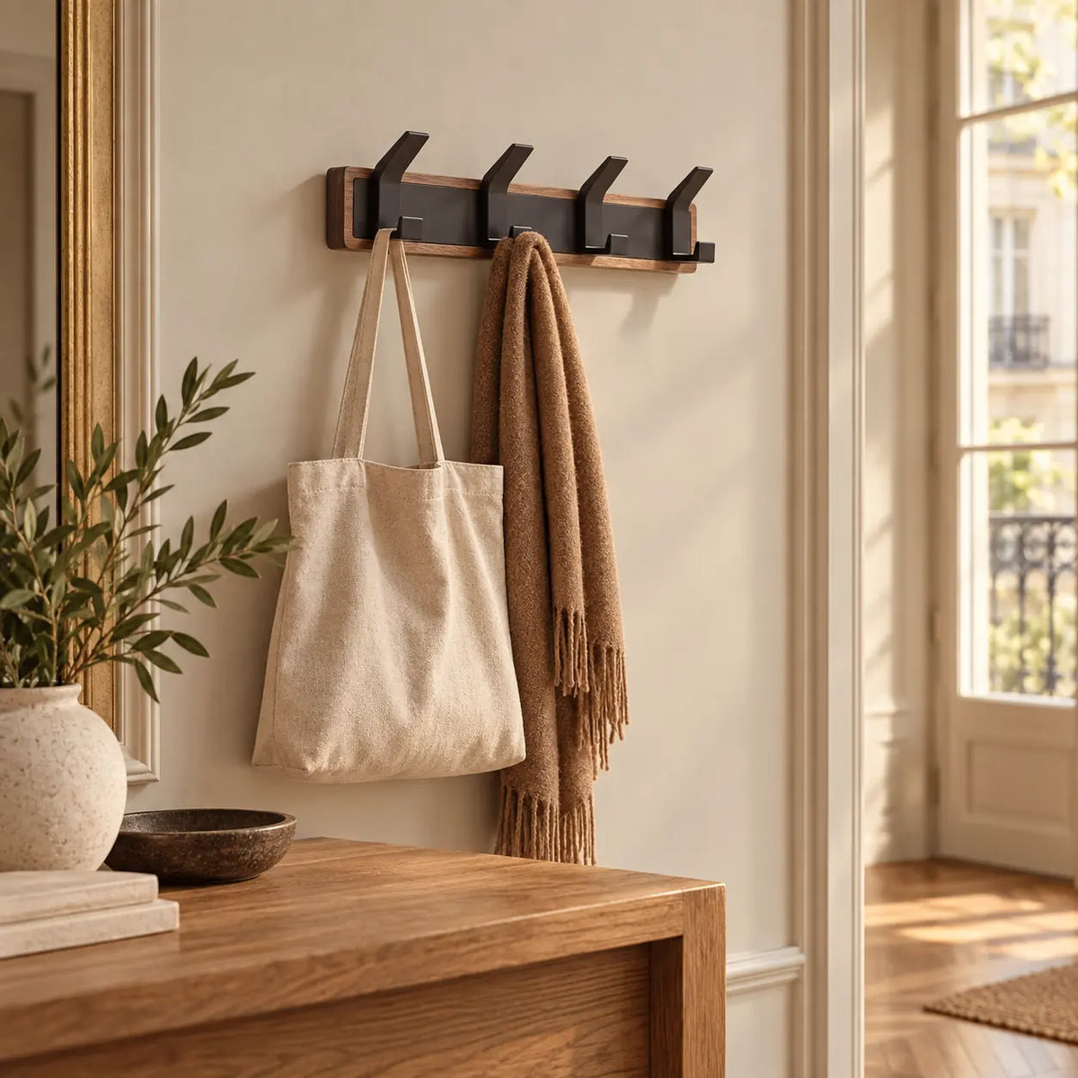 Porte-manteau vintage bois noir 4 crochets — dans une entrée aménagée