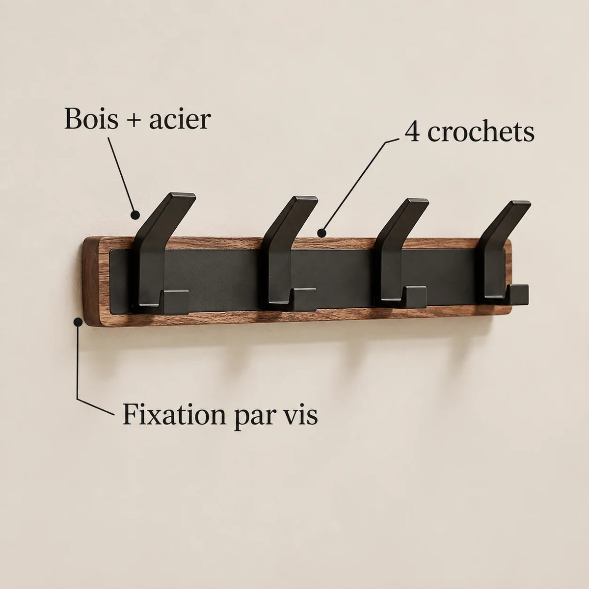 Porte-manteau vintage bois noir 4 crochets — avec ses caractéristiques vérifiées