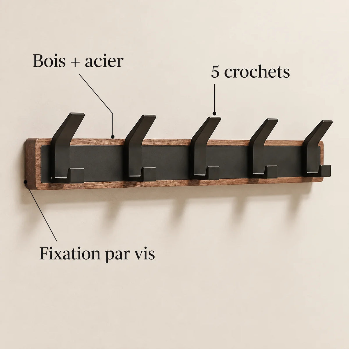 Porte-manteau vintage bois noir 5 crochets — avec ses caractéristiques vérifiées