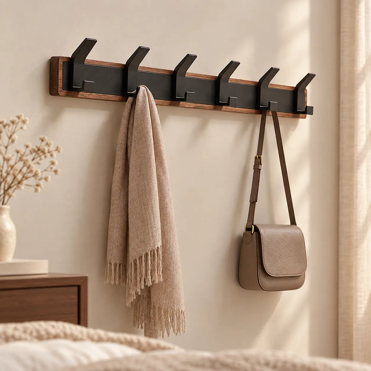 Porte-manteau vintage bois noir 6 crochets — dans une chambre avec accessoires suspendus