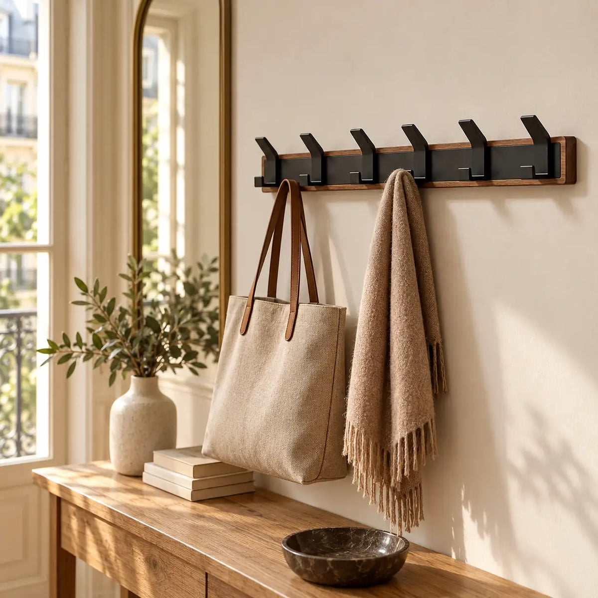 Porte-manteau vintage bois noir 6 crochets — dans une entrée aménagée
