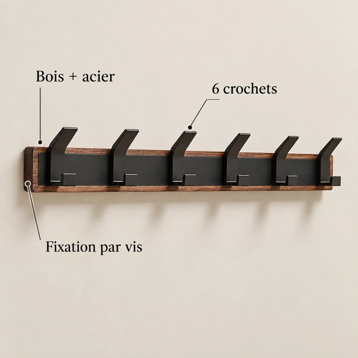 Porte-manteau vintage bois noir 6 crochets — avec ses caractéristiques vérifiées