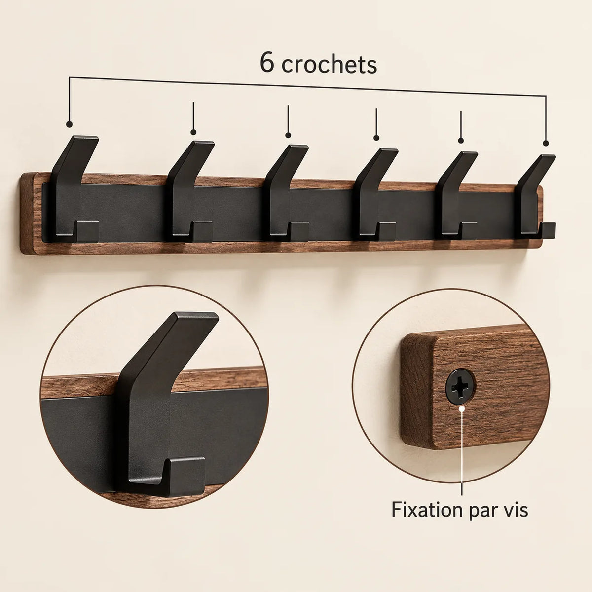 Porte-manteau vintage bois noir 6 crochets — avec ses informations techniques vérifiées