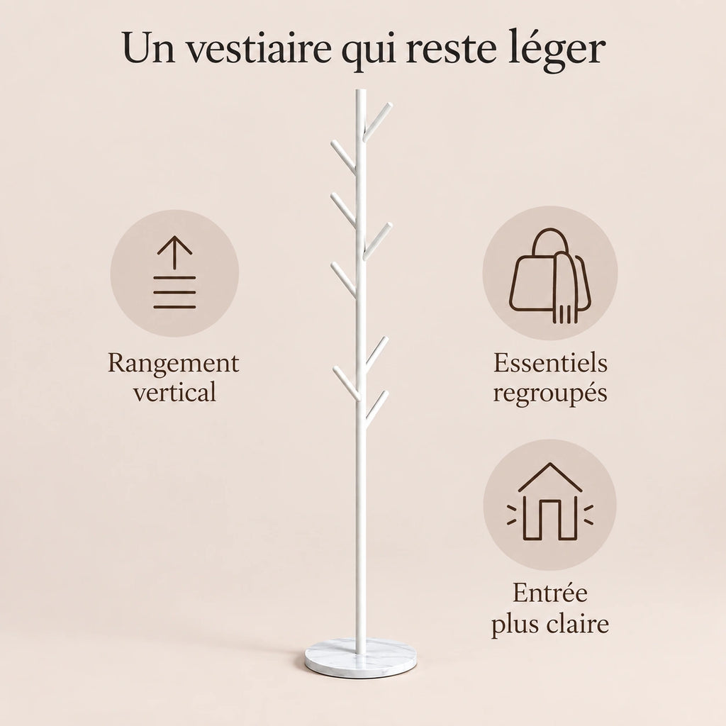 Porte-manteau arbre blanc base marbre - benefices et organisation