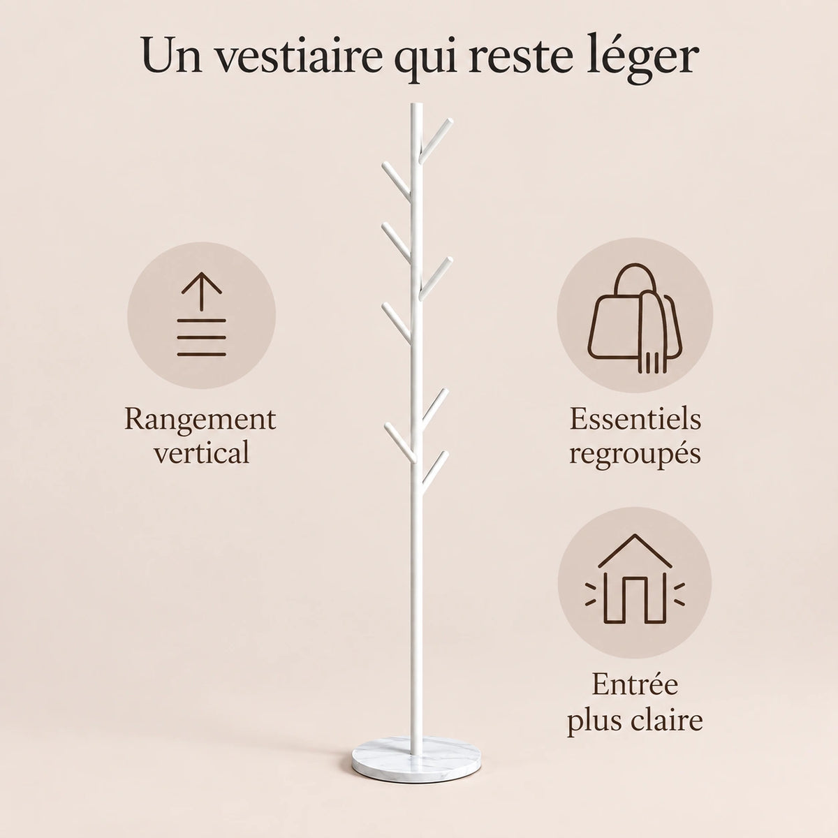 Porte-manteau arbre blanc base marbre - benefices et organisation