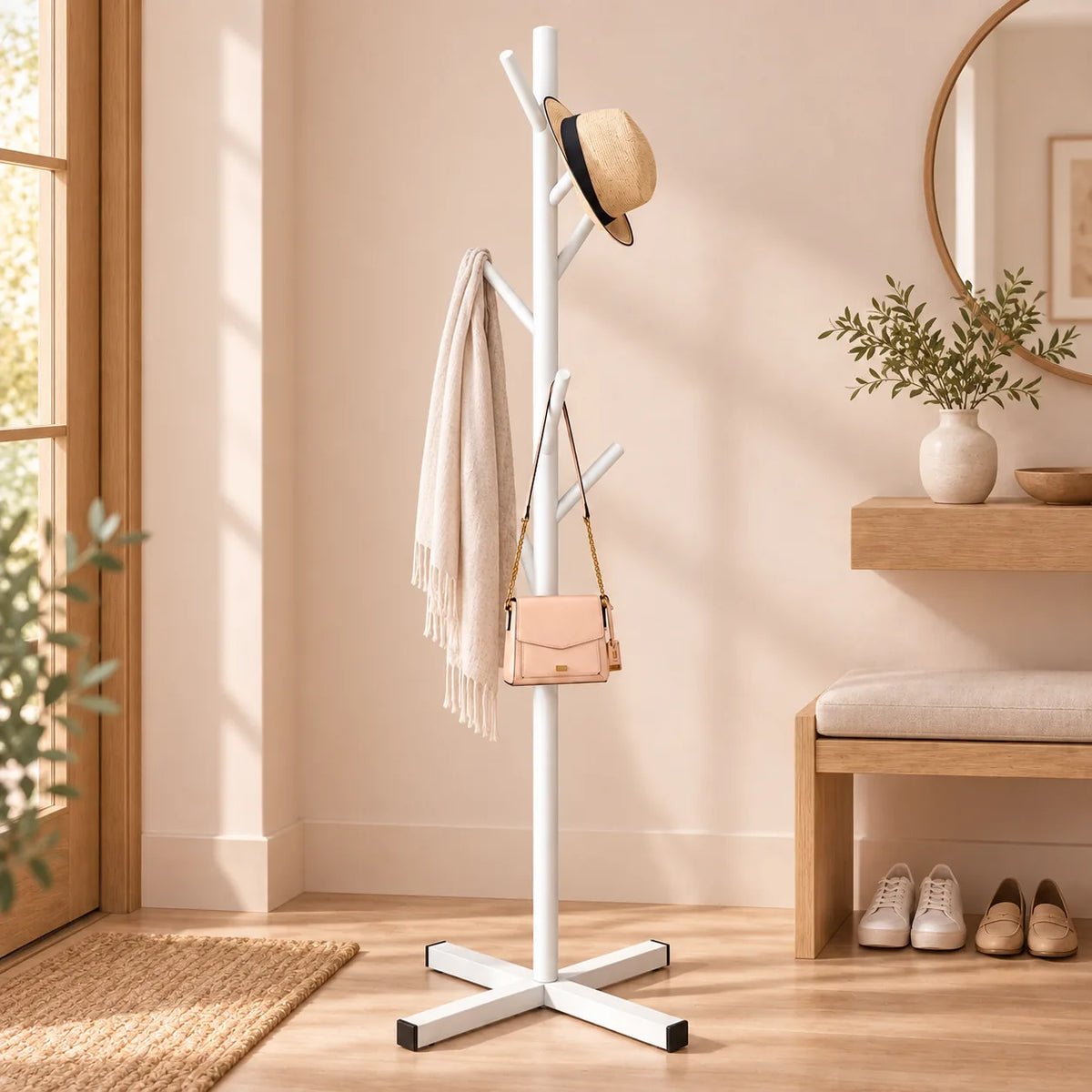 Porte-manteau perroquet blanc 167 cm sur pied - mise en scene dans une entree