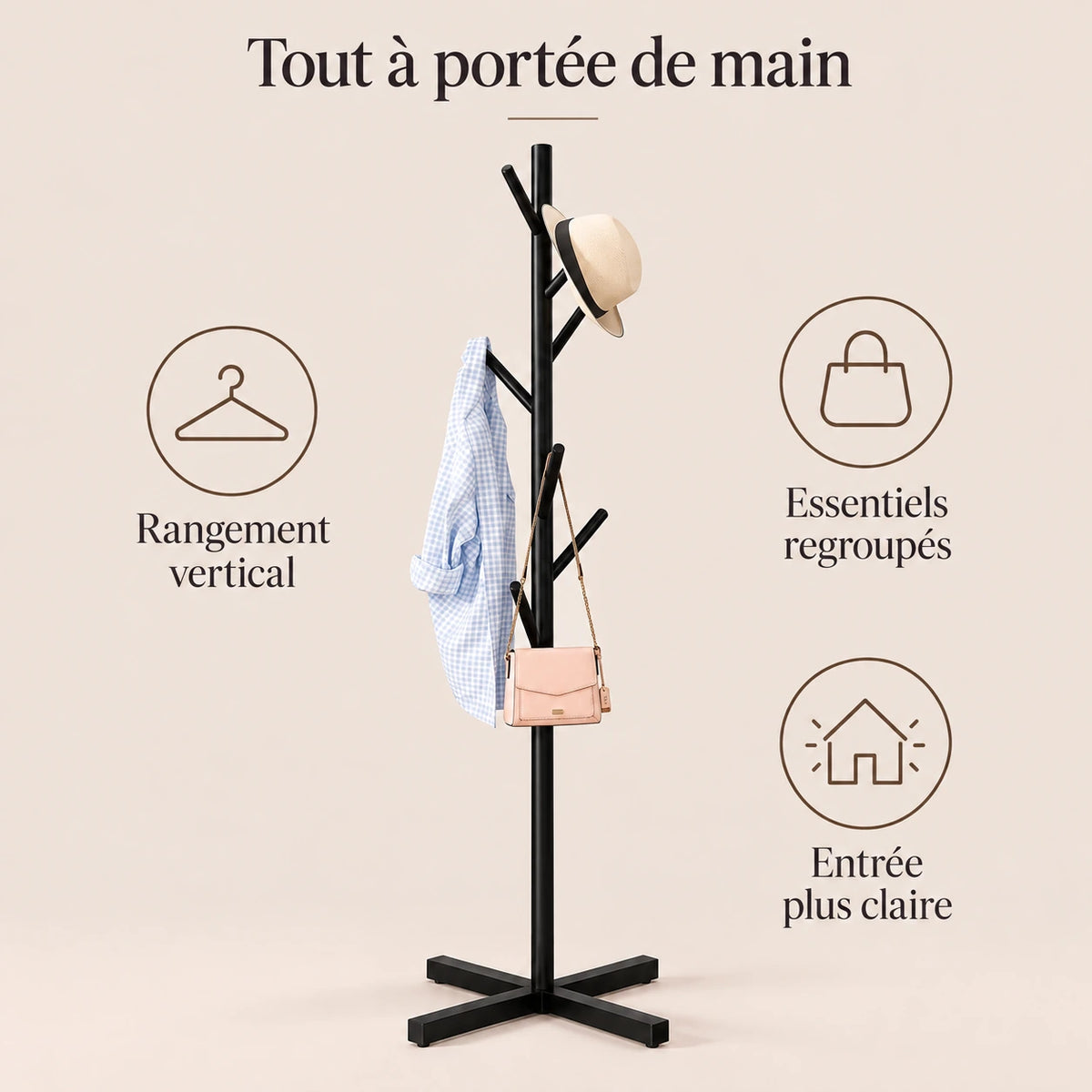 Porte-manteau perroquet noir 167 cm sur pied - benefices et organisation