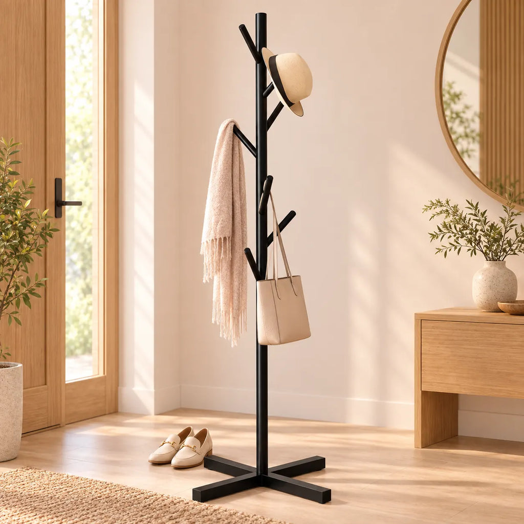Porte-manteau perroquet noir 167 cm sur pied - mise en scene dans une entree