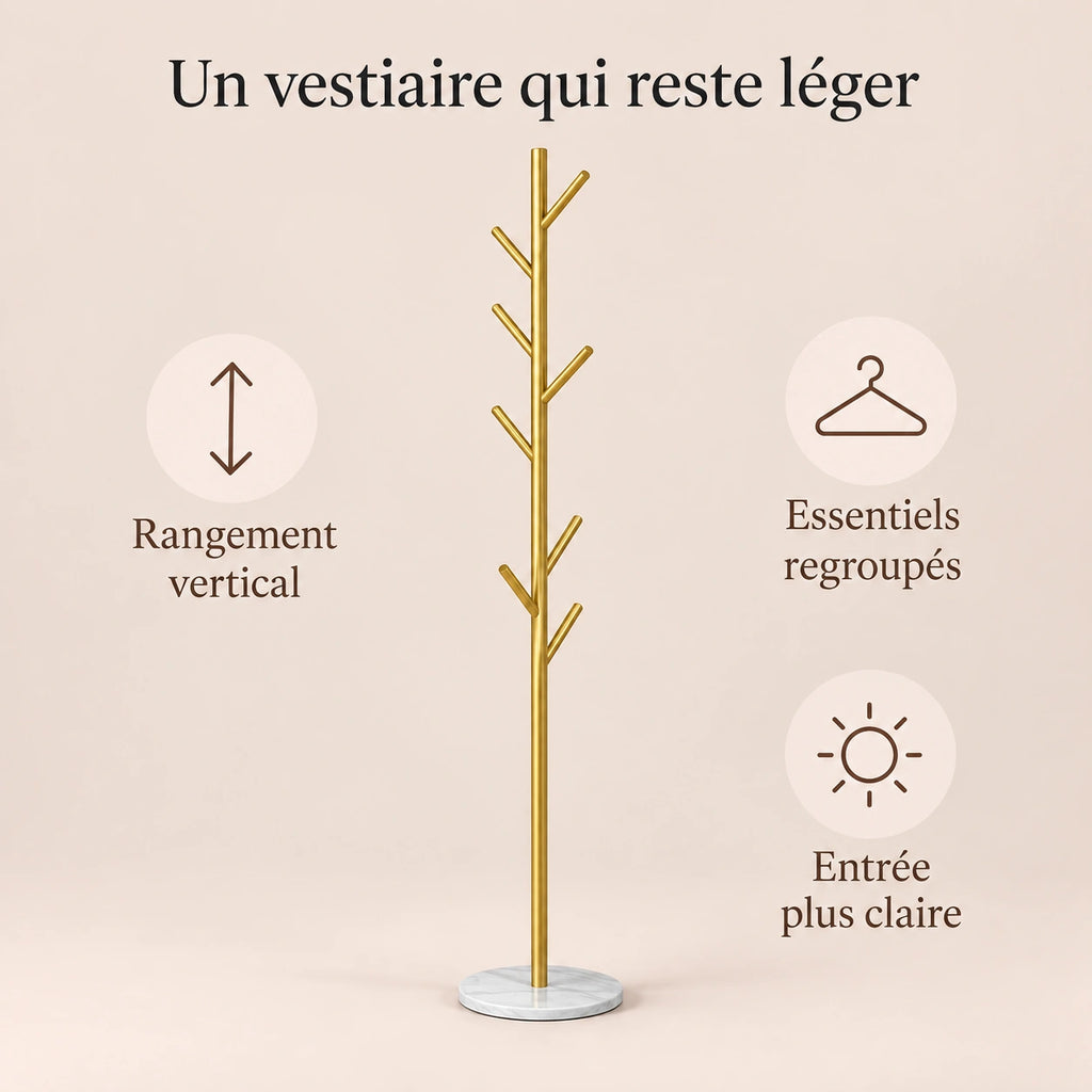 Porte-manteau sur pied design doré base marbre - benefices et organisation