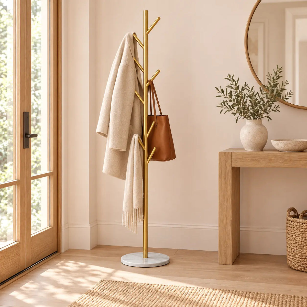 Porte-manteau sur pied design doré base marbre - seconde mise en scene