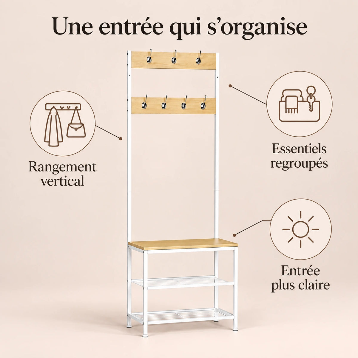 Porte-manteau vestiaire chêne blanc 7 crochets avec banc - benefices et organisation