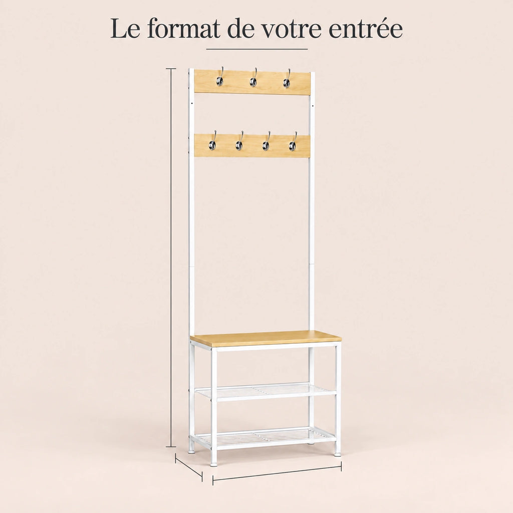 Porte-manteau vestiaire chêne blanc 7 crochets avec banc - format dans une entree
