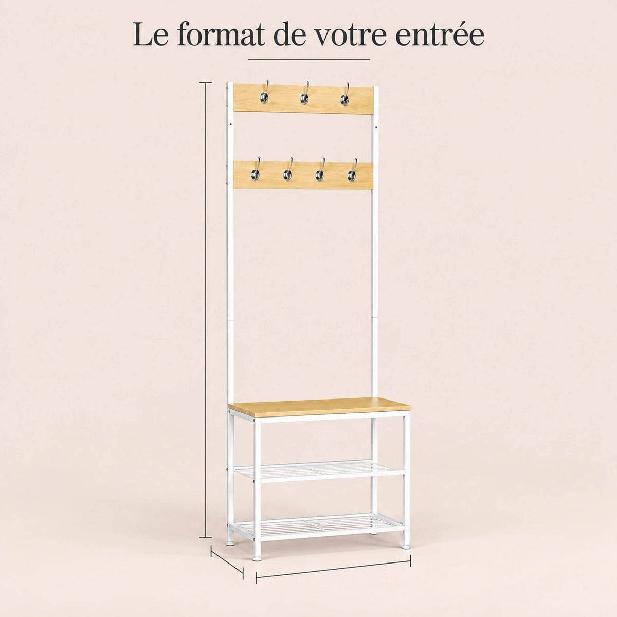 Porte-manteau vestiaire chêne blanc 7 crochets avec banc - format dans une entree