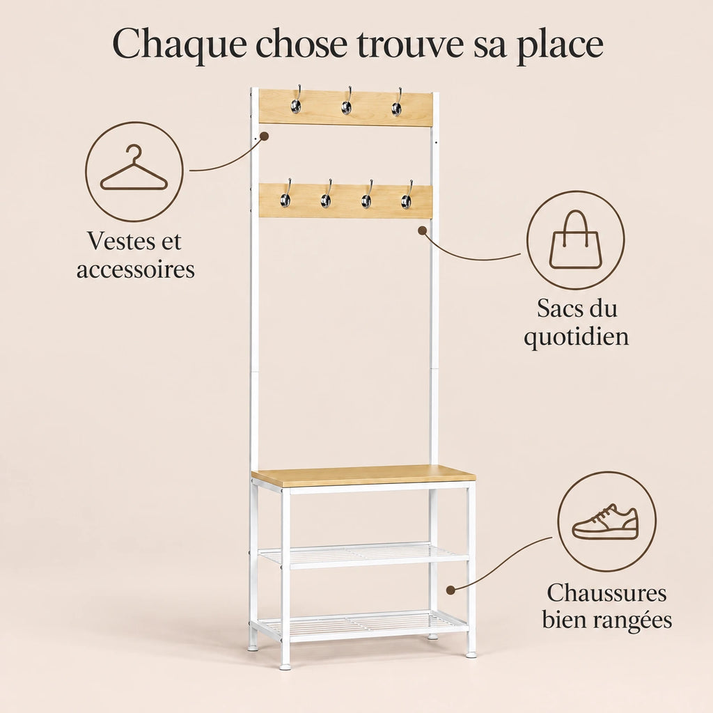 Porte-manteau vestiaire chêne blanc 7 crochets avec banc - conseils utilisation