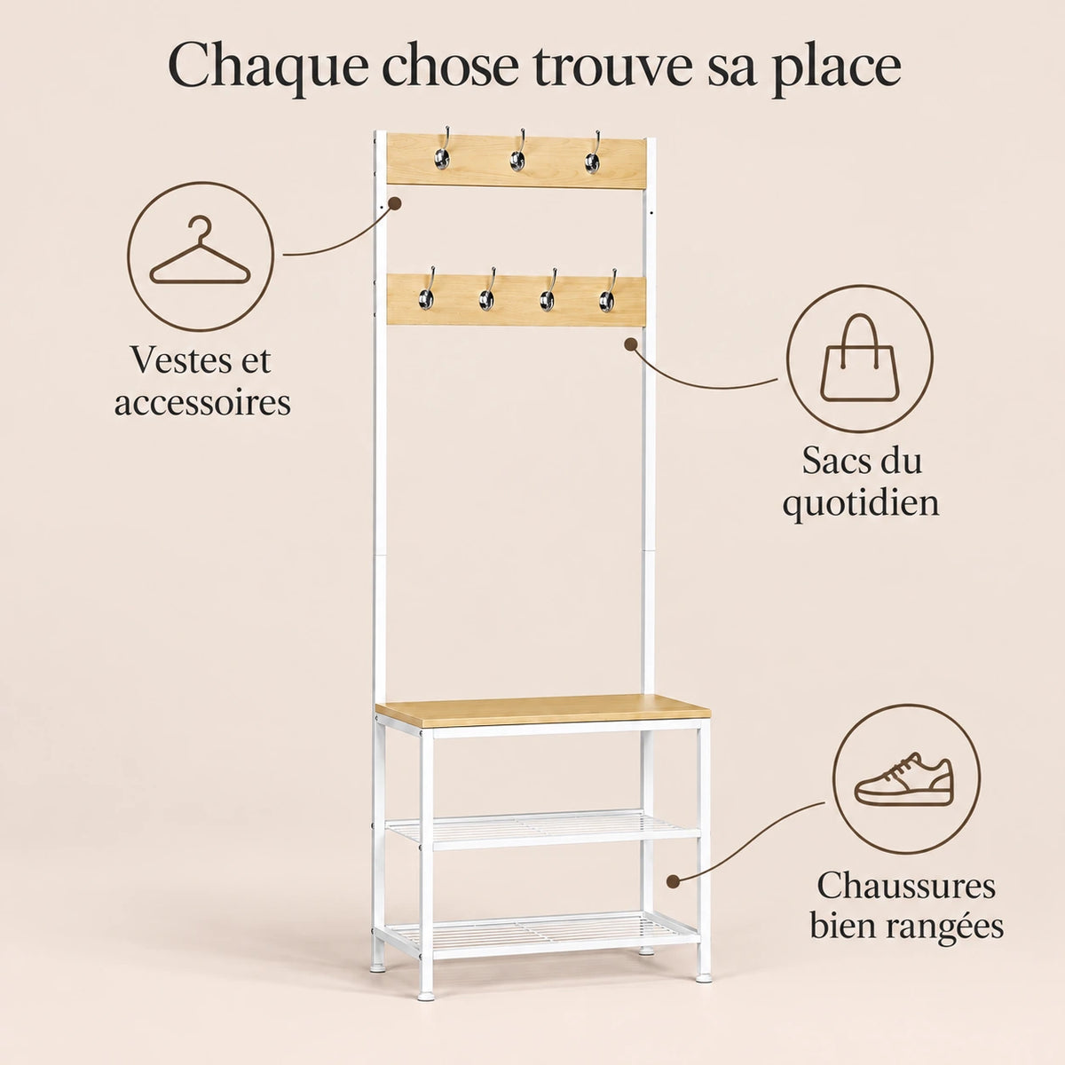Porte-manteau vestiaire chêne blanc 7 crochets avec banc - conseils utilisation